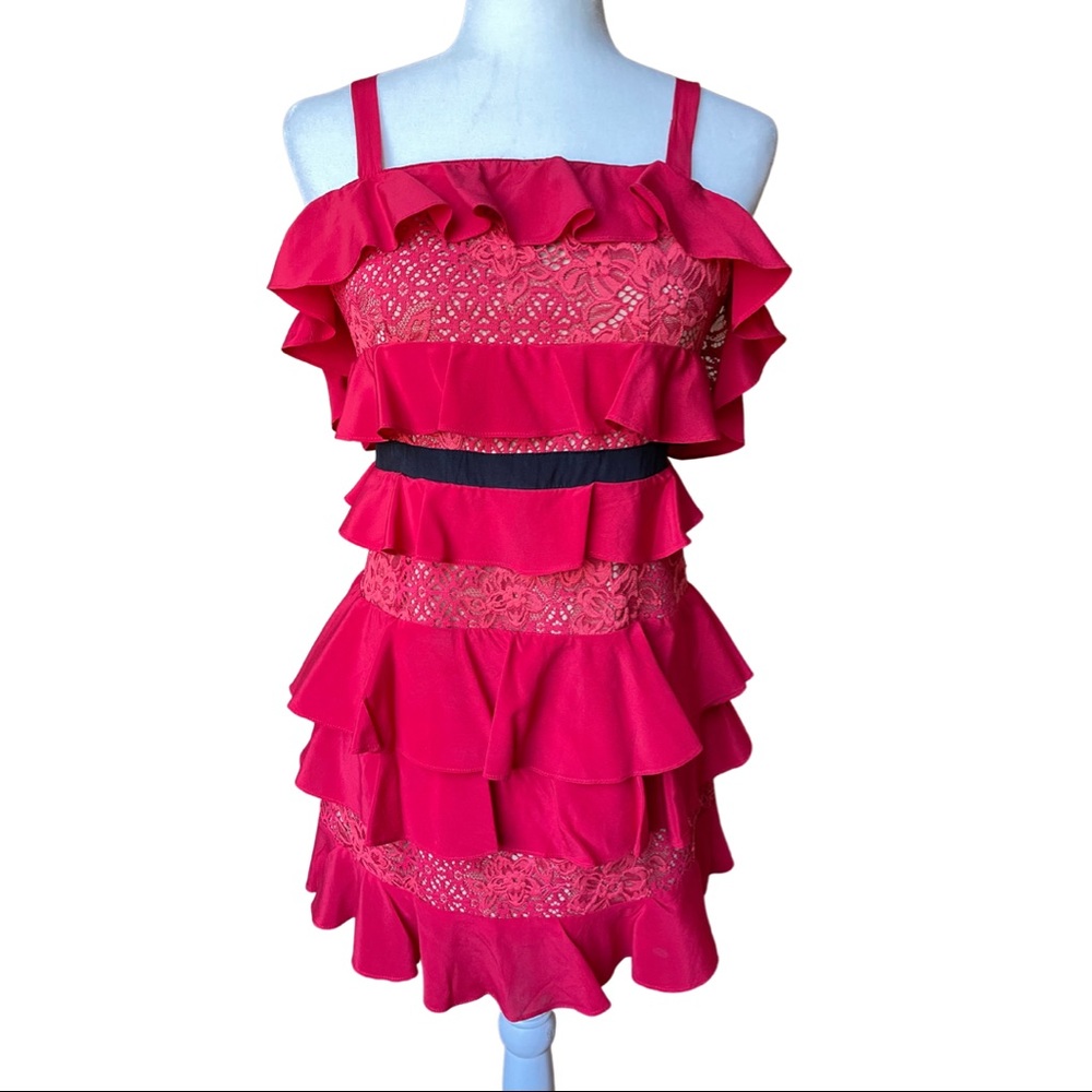 For Love And Lemons Red Tank Mini Dress Silk Ruffle Lace Floral Size Small